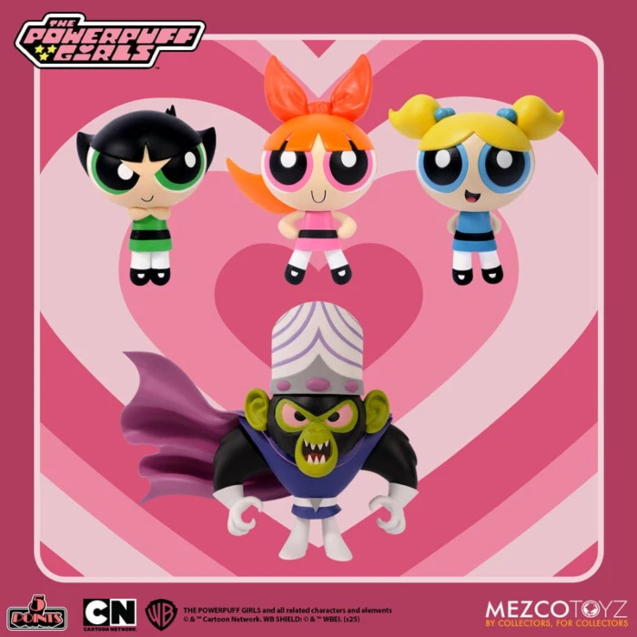 (Pre-order) September 2026 Mezco Powerpuff Girls 5 Points Bubbles, Flower, Fluffy, and Chibi Martell 3.75-inch Action Figure Set